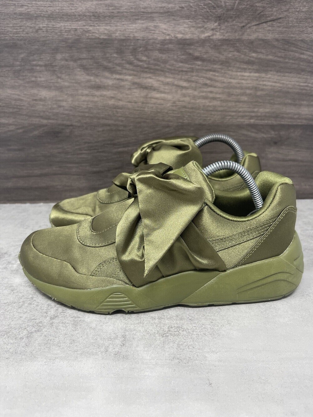 PUMA Fenty Bow Sneakers Womens Size 7 Olive Green Satin 365054-04